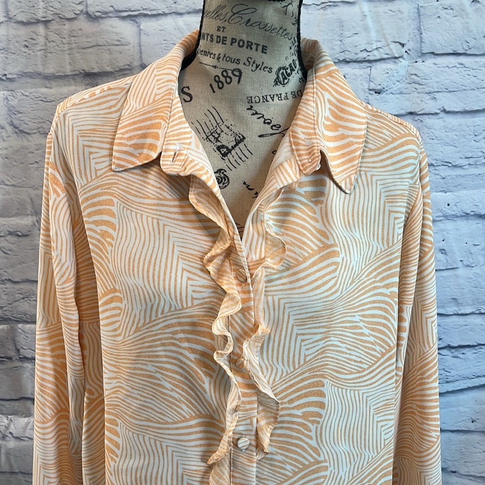 Chico's Zebra Patterned Ruffle Blouse Orange Long… - image 3